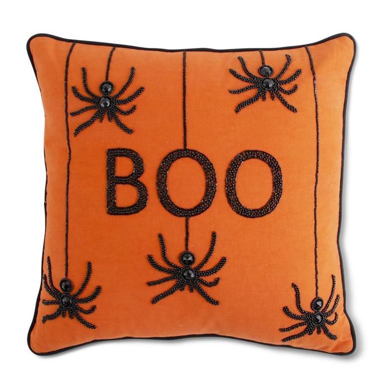 18 Inch Orange Square Beaded BOO Pillow w/Spide
