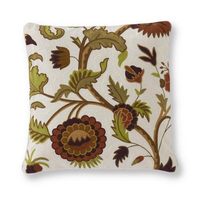 19x19 inch cotton pillow with hand-embroidered multicolor floral design on neutral background