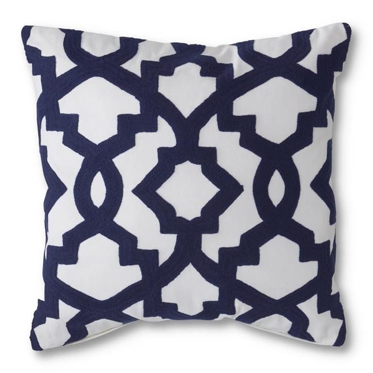 White Pillow w/Blue Geometric Interlocking Pattern