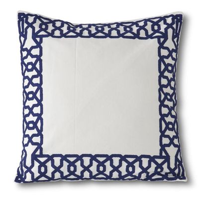 White cotton linen pillow with blue applique border detail, 20 by 20 inches, shown on neutral background