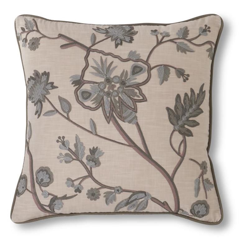 Sq. Light Beige Cotton Pillow w/Gray Floral Embroidery