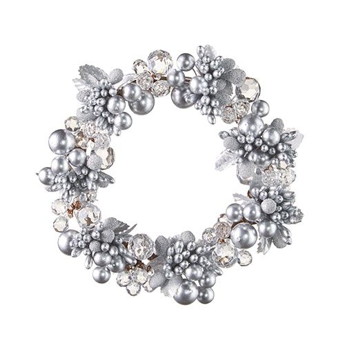 6.5&quot; Beaded Berry and Crystal Mini Wreath-Candle Ring Silver