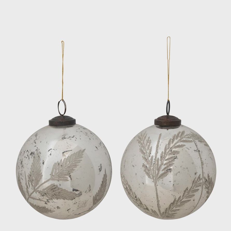 Mercury Glass Ball Ornament with Etched Botanical