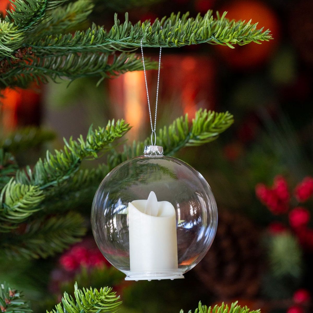 Clear Glass Ball with Flickering Candle Ornament