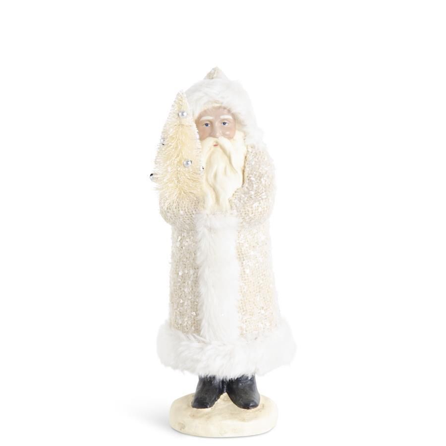 Cream Glittered Fur Trim Santa Holding Bottle Brush Tree