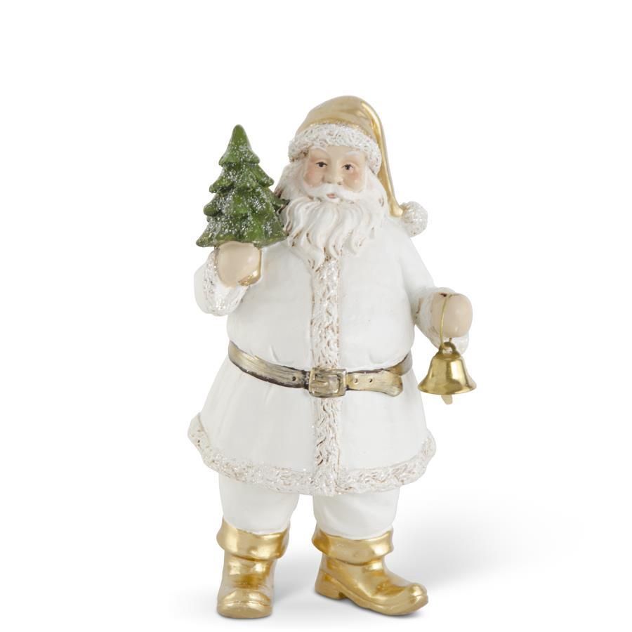 7.5 Inch White &amp; Gold Resin Santa w/Tree &amp; Bell