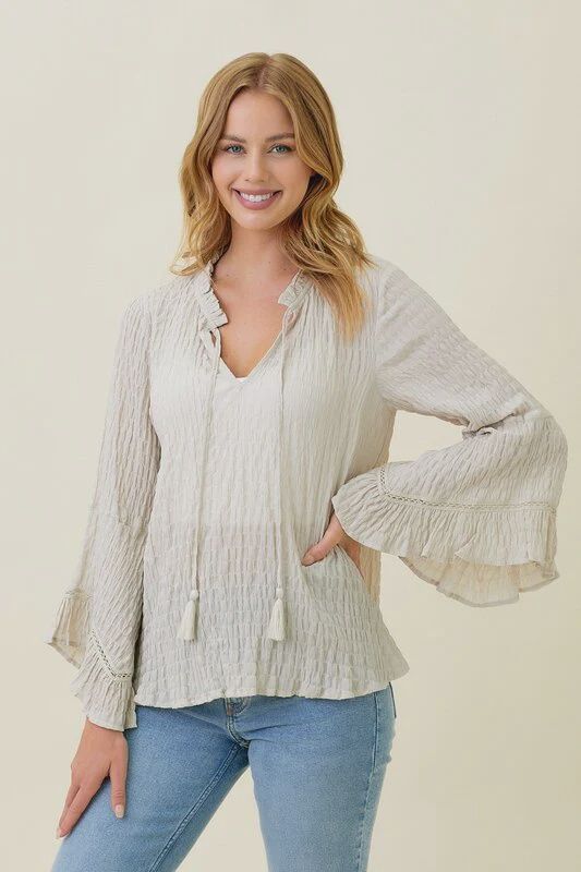 Crinkle Bell Sleeve Blouse- Almond