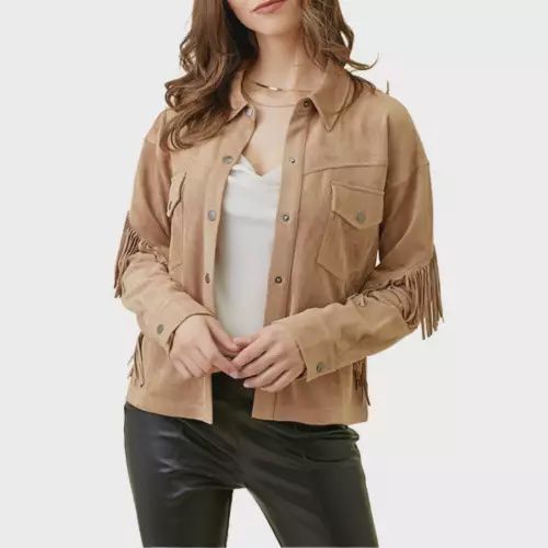 FRINGE SUEDE SHIRT JACKET - Latte