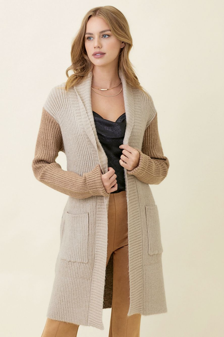 Rib Shawl Collar Cardigan- Stone/Latte