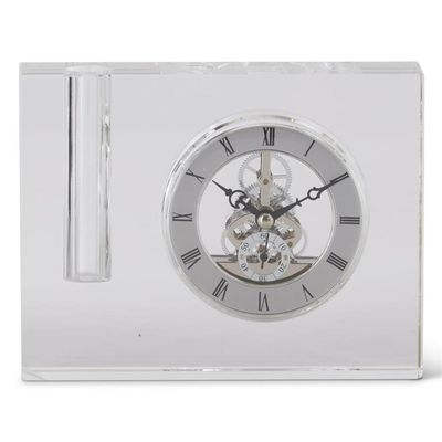 Clear crystal desk clock with integrated pen slot, measuring 6.75 inches, displayed on neutral background