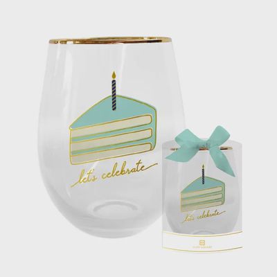 Let's Celebrate Cake stemless wine glass by Mary Square displayed against a white background in studio lighting