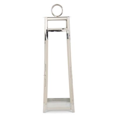 Silver metal trapezoid lantern with ring handle displayed in a home setting