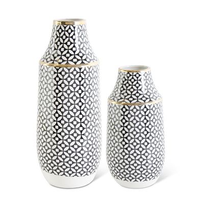 Black and white ceramic vase with circular geometric pattern, 11.5 inches tall, isolated on white background