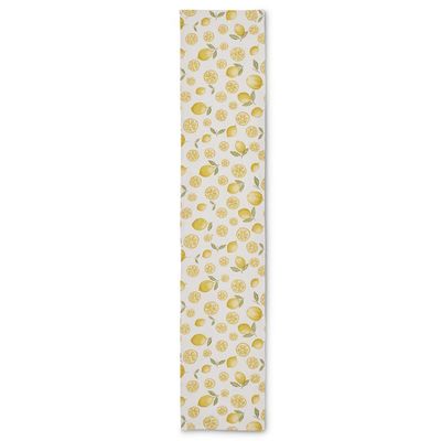 Cotton table runner with lemon print pattern displayed flat on white background, 70 inches long