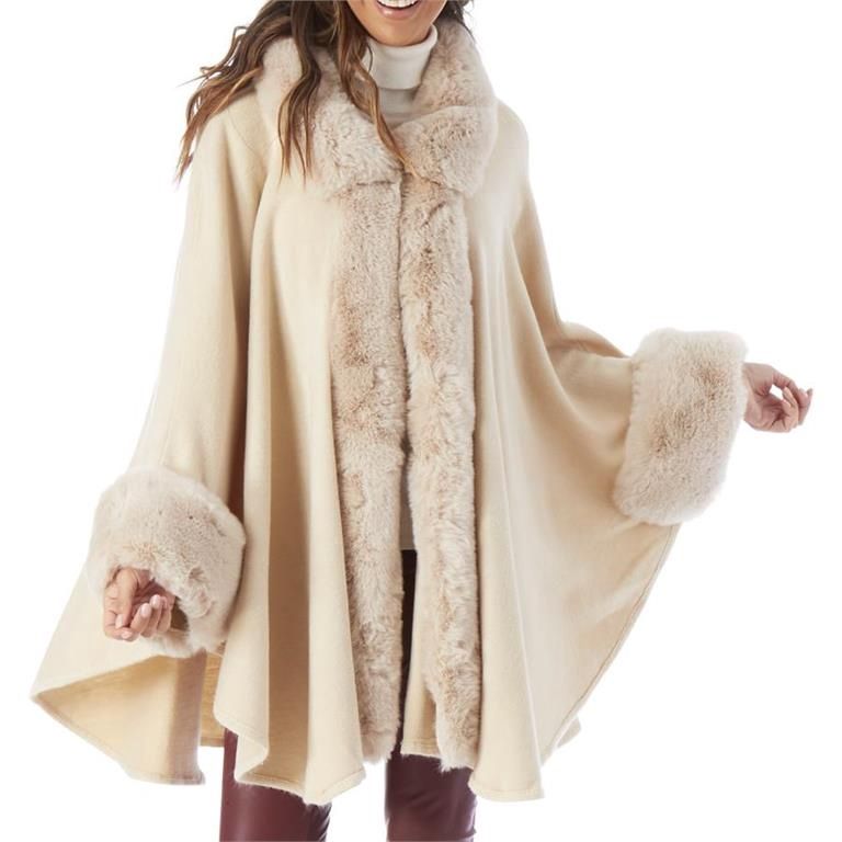 Ivory Cape w/Sleeves &amp; Faux Fur Trim