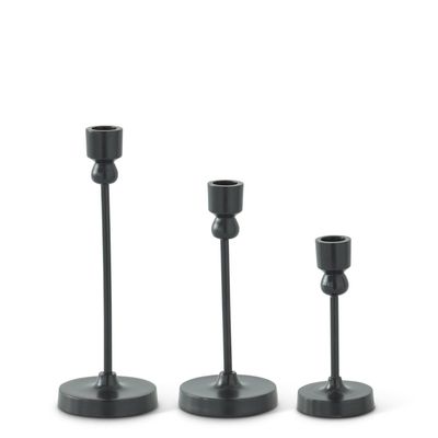 Pair of 10-inch slender black metal taper candleholders on white background, studio shot