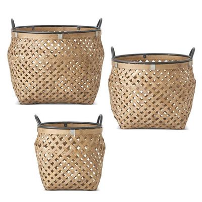 Set of three graduated bamboo baskets with metal trim and handles, arranged in ascending size order on white background