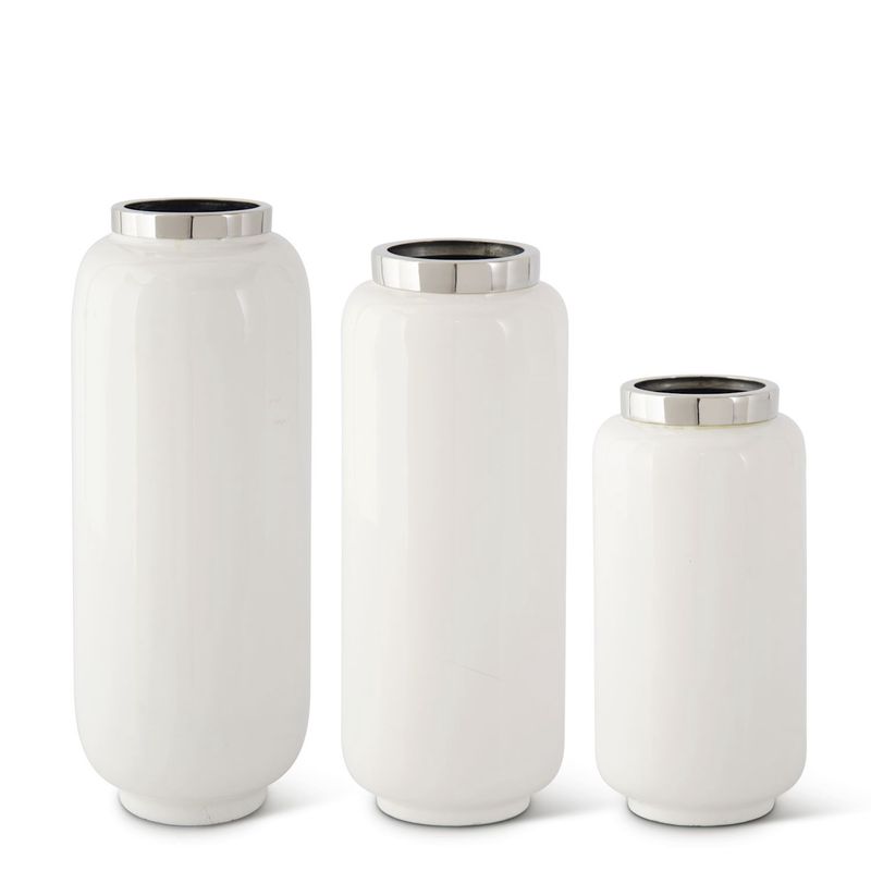White Enameled Vase w/Silver Rim