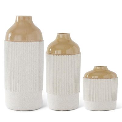 Beige and white glazed stoneware vase, 16.75 inches tall, against a neutral background