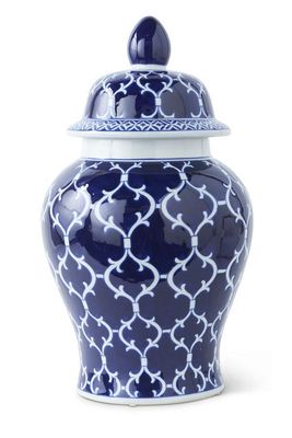 Blue and white ceramic ginger jar with quatrefoil pattern and matching lid, 18 inches tall, photographed against a neutral background
