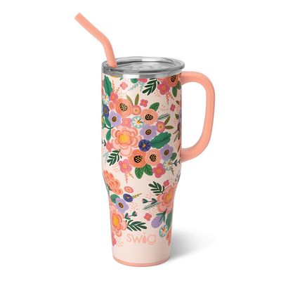 Swig Life Full Bloom Mega Mug 40oz insulated tumbler with floral pattern on white background