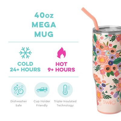 Swig Life Full Bloom Mega Mug 40oz insulated tumbler in a lifestyle setting with floral design