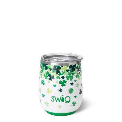 Swig Life 12-ounce stemless wine cup with St. Patrick's Day design on white background