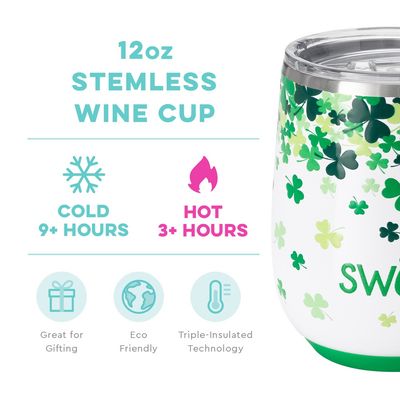 Swig Life St. Patrick's Day stemless wine cup in 12-ounce size displayed in a lifestyle setting
