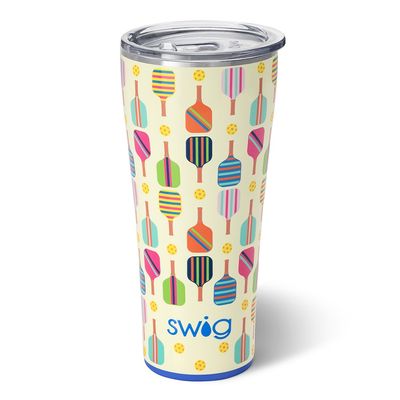 Swig Life 32oz slim tumbler with pickleball paddle pattern design on white background