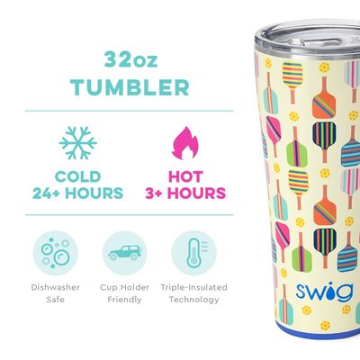Swig Life 32-ounce slim tumbler with pickleball paddle pattern design displayed in a lifestyle setting