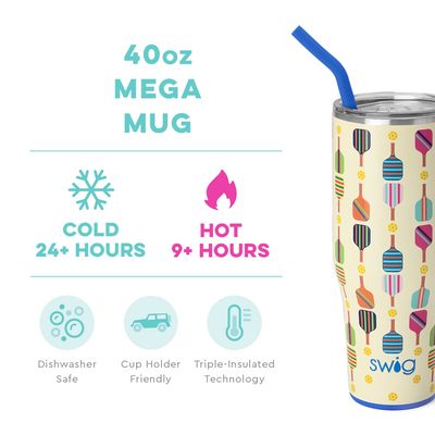 Swig Life Pickleball Mega Mug 40oz tumbler displayed in a lifestyle setting, showing the cup holder friendly design and pickleball-themed graphics.