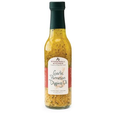 Stonewall Kitchen Garlic Parmesan Dipping Oil bottle displayed against a neutral background, showing the label and amber-toned oil inside.