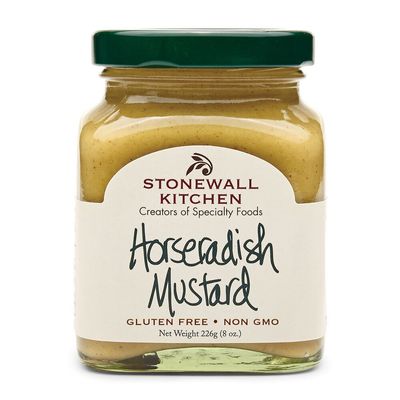 Stonewall Kitchen horseradish mustard 8 ounce glass jar with yellow label displayed against white background