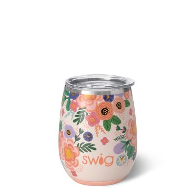 Swig Life Full Bloom stemless wine cup in coral with floral pattern, 14 ounces, isolated on white background