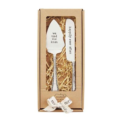 Mud Pie wedding cake cutting and serving utensil set displayed against a neutral background, showing decorative serving pieces in silver-tone metal.