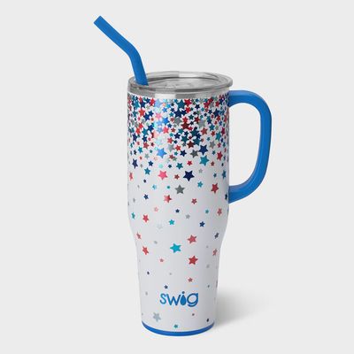 Swig Life Star Spangled Mega Mug 40oz displayed in studio on neutral background, showing patriotic design with star pattern