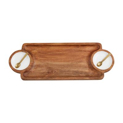 Mud Pie three-piece dip board and spoon set in mango wood with cream enamel coating, displayed on white background
