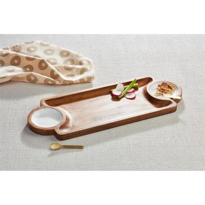 Three-piece mango wood enamel dip board and spoon set displayed on a styled surface with serving setup