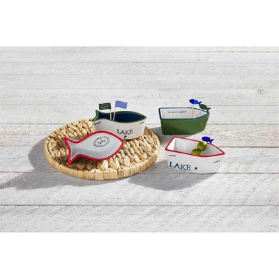 Three hand-painted ceramic ramekins and toothpicks from Mud Pie's Lake collection arranged on a neutral surface, showcasing the blue and white glazed design