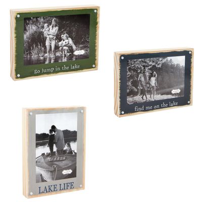 Hand-painted wooden frame with lake scene design, 4x6 size, featuring magnetic closure on white background