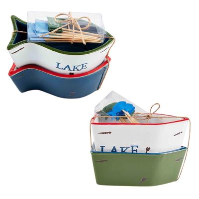 Mud Pie Lake hand-painted ceramic ramekin and toothpick set displayed as a three-piece collection on a neutral background