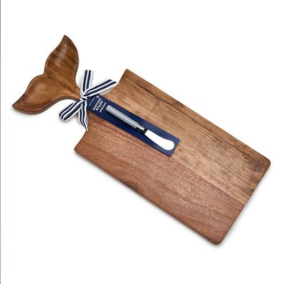 Oh Whale acacia wood serving board with whale-shaped spreader displayed against a neutral background