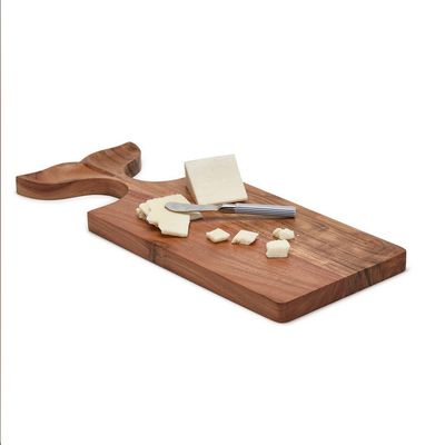 Oh Whale acacia wood serving board with whale-shaped spreader displayed in a lifestyle setting