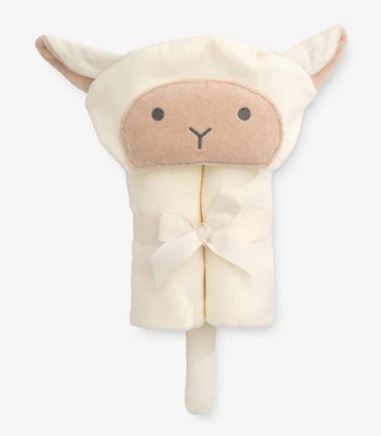 Cream-colored lamb hooded baby bath wrap in 100% cotton velour, displayed flat against a neutral background