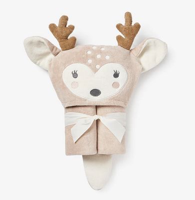 Fawn-colored hooded cotton velour terry baby bath wrap designed for infants 0 to 24 months, displayed on a neutral background