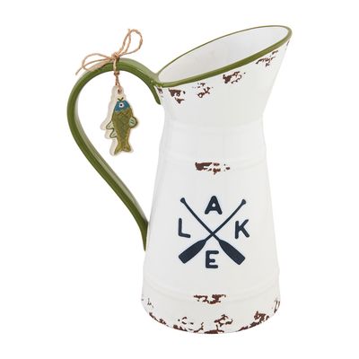 Mud Pie Lake hand-painted stoneware pitcher with fish tag detail, displayed against a neutral studio background