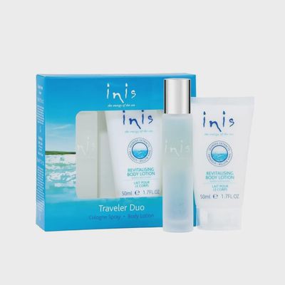 INIS Traveler Duo Fragrance Gift Set &amp; Sampler displayed against a white background in studio lighting