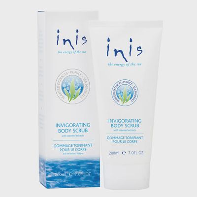Inis Invigorating Body Scrub 7 fl. oz. jar displayed on a neutral background in studio lighting