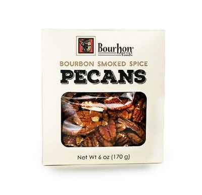 Bourbon Barrel Foods Bourbon Smoked Pecans in a clear package displayed against a white background in studio lighting