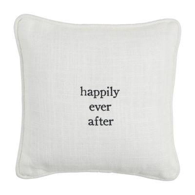 Mud Pie Happily Ever After toddler mini pillow in white fabric with text design, displayed on neutral background